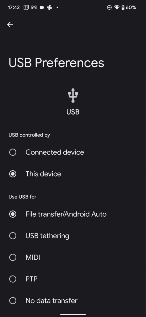 نقل الملفات عبر كابل USB