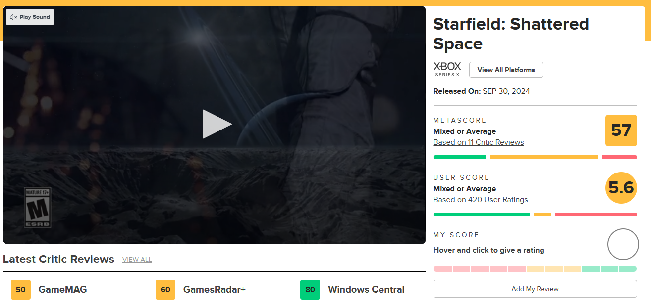 Starfield: Shattered Space Metacritic