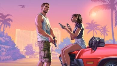 الرسم الرسمي المرافق لعرض إطلاق GTA 6 ويظهر شخصيتين بجوار سيارة حمراء