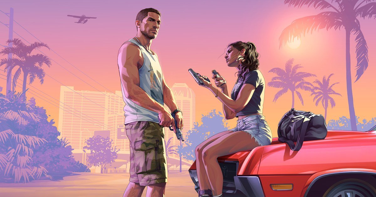 الرسم الرسمي المرافق لعرض إطلاق GTA 6 ويظهر شخصيتين بجوار سيارة حمراء
