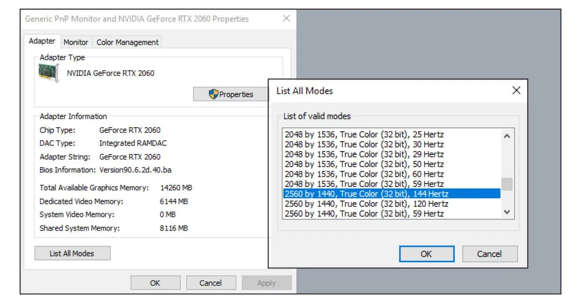 نافذة List All Modes في ويندوز تعرض دقة 2560 في 1440 بمعدل 144 هرتز ضمن الأوضاع المدعومة