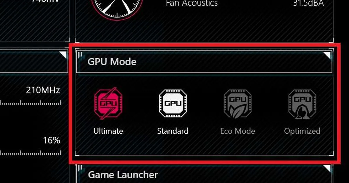 خيارات وضع GPU Mode في ASUS Armoury Crate: Ultimate وStandard وEco Mode وOptimized