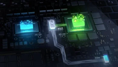مخطط شريحة MUX Switch على لوحة أم لابتوب الألعاب، بين معالج الرسوميات المتكامل والمنفصل والشاشة