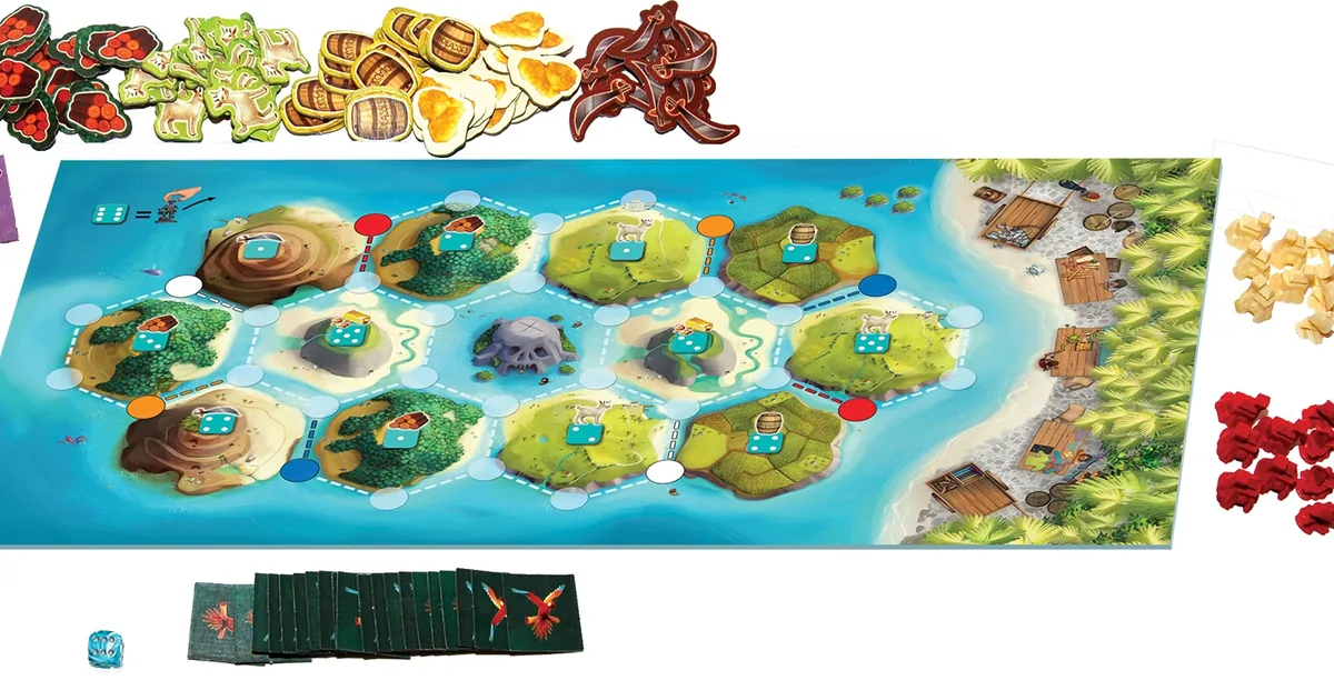 مكونات لعبة كاتان جونيور Catan Junior: لوح الجزيرة والقوارب والموارد وبطاقات كوكو