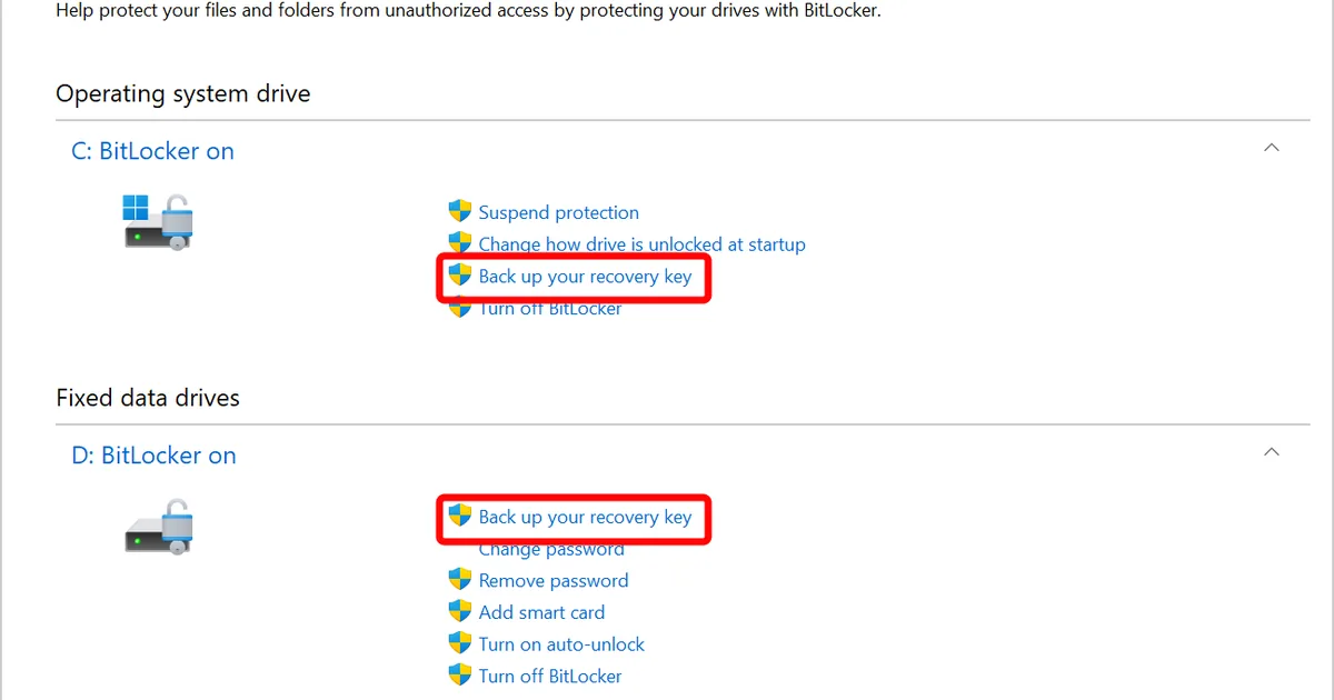 خيار Back up your recovery key داخل BitLocker Drive Encryption