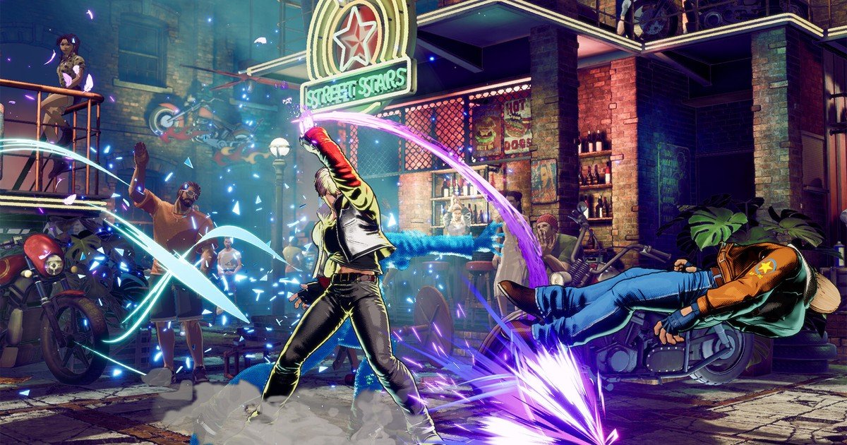 معركة بين روك هوارد وتيري بوغارد في شارع مضاء بلافتات النيون في Fatal Fury