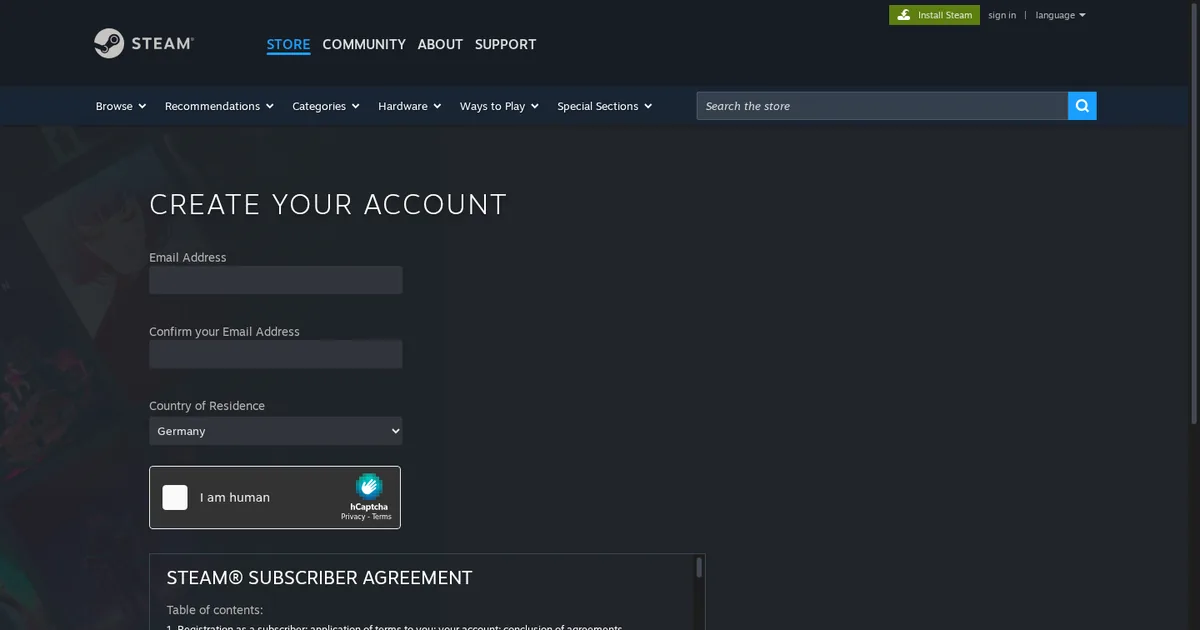 صفحة إنشاء حساب ستيم الرسمية مع حقول البريد الإلكتروني واتفاقية Steam Subscriber Agreement