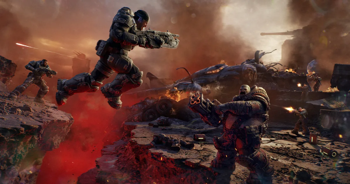 جندي COG يقفز فوق غطاء صخري أثناء إطلاق النار في Gears of War: E-Day