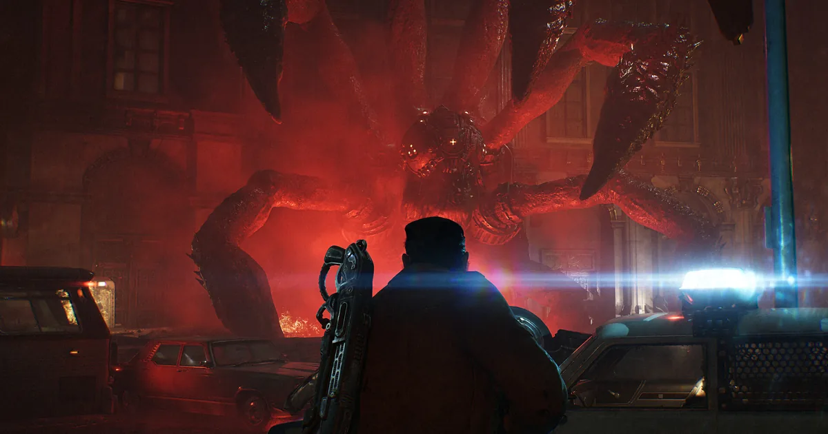 مشهد قتال في Gears of War: E-Day ضد وحش ضخم وسط دخان أحمر