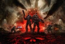 فن الغلاف الرسمي لـGears of War: E-Day ويظهر فيه ماركوس ودوم أمام وحش ضخم