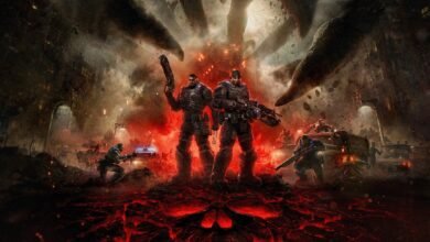 فن الغلاف الرسمي لـGears of War: E-Day ويظهر فيه ماركوس ودوم أمام وحش ضخم