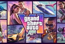 فن الغلاف الرسمي لـGTA 6 ويظهر شخصيات اللعبة وسيارة رياضية ومدينة Vice City