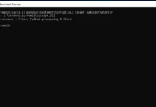 نافذة موجه أوامر ويندوز بصلاحيات المسؤول بعد تنفيذ أمر icacls على ملف jscript.dll في System32 مع رسالة نجاح