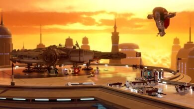 مركبات وشخصيات LEGO Star Wars على منصة هبوط عند الغروب، ضمن ألعاب Game Pass المغادرة في أكتوبر