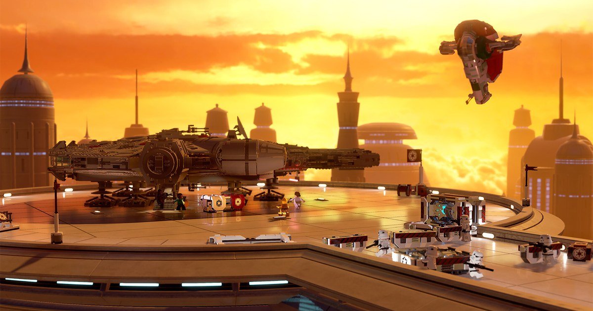مركبات وشخصيات LEGO Star Wars على منصة هبوط عند الغروب، ضمن ألعاب Game Pass المغادرة في أكتوبر