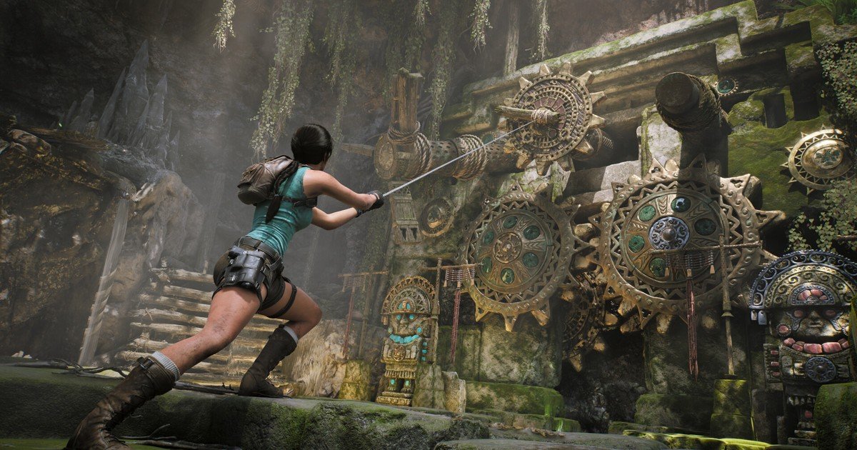 لارا تستخدم حبلًا أمام آلية حجرية في Tomb Raider Legacy of Atlantis