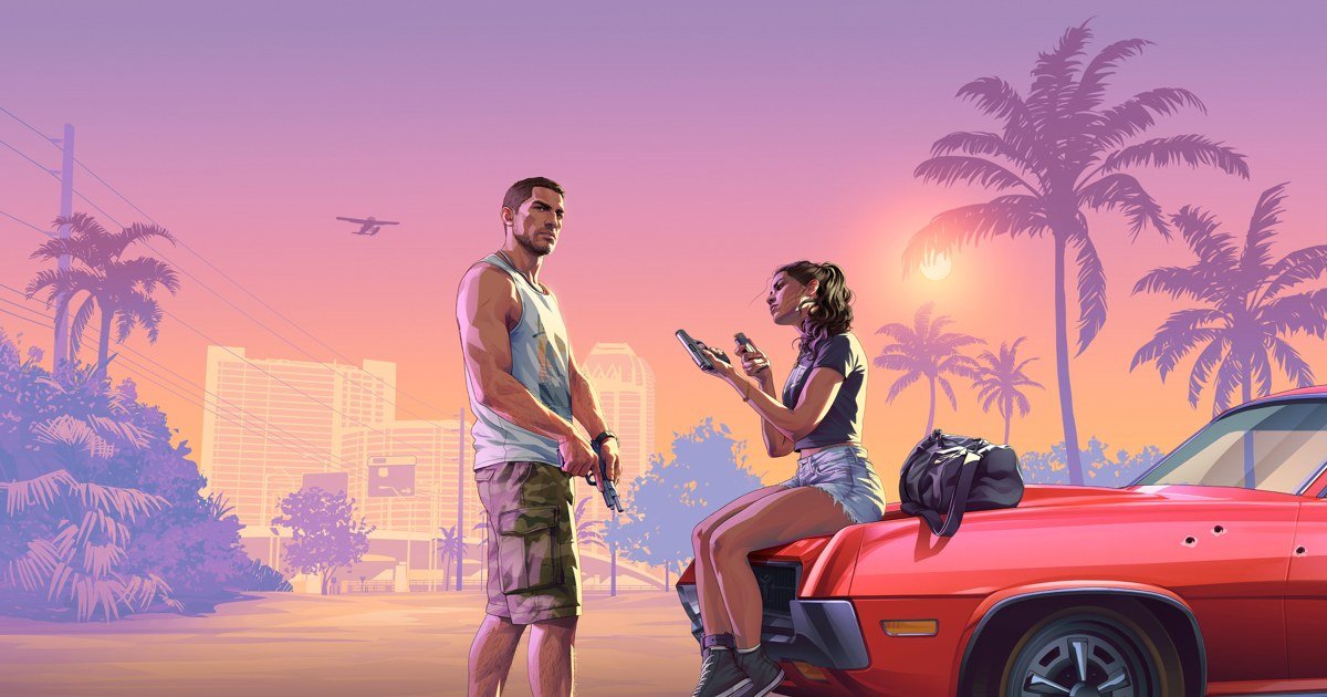 رسم رسمي لشخصيتين وسيارة في عالم GTA 6