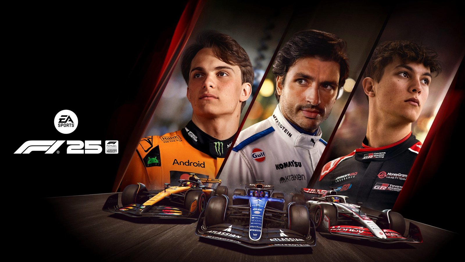 غلاف لعبة EA Sports F1 25 بثلاثة من سائقي الفورمولا 1 وسياراتهم على الحلبة