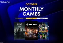 شعار PlayStation Plus مع عنوان October Monthly Games وأغلفة ألعاب F1 25 وHunt: Showdown 1896 وEarth Defense Force: World Brothers 2