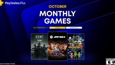 شعار PlayStation Plus مع عنوان October Monthly Games وأغلفة ألعاب F1 25 وHunt: Showdown 1896 وEarth Defense Force: World Brothers 2