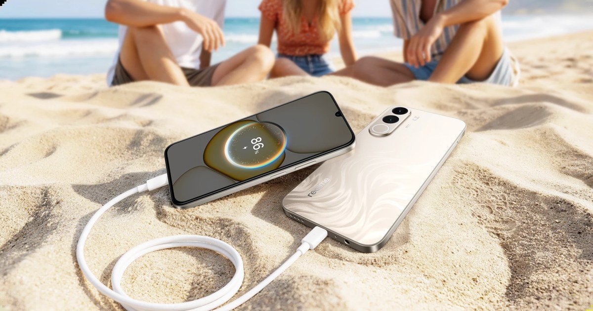 هاتفان من سلسلة realme C100 على الرمال مع كابل شحن يربط بينهما — صورة رسمية من ريلمي