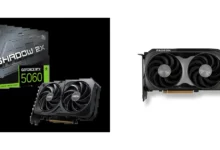 RTX 5060 أم RX 9060: بطاقة MSI وعلبتها بجانب رسم AMD التوضيحي