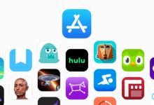 شعار App Store فوق مجموعة من أيقونات التطبيقات في تصميم رسمي لآبل