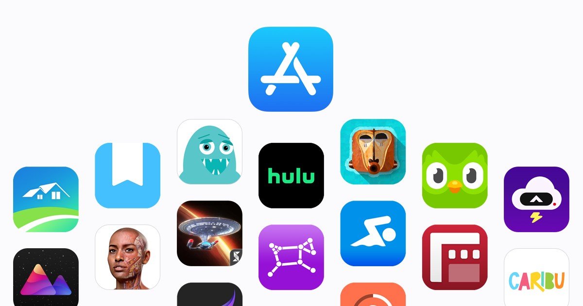 شعار App Store فوق مجموعة من أيقونات التطبيقات في تصميم رسمي لآبل