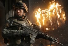 جندي مسلح أمام مبنى مشتعل في Modern Warfare 4