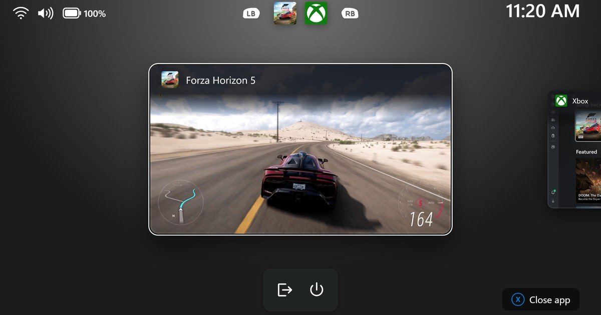 واجهة Gaming Task View في وضع Xbox مع اختصارات سطح المكتب والطاقة