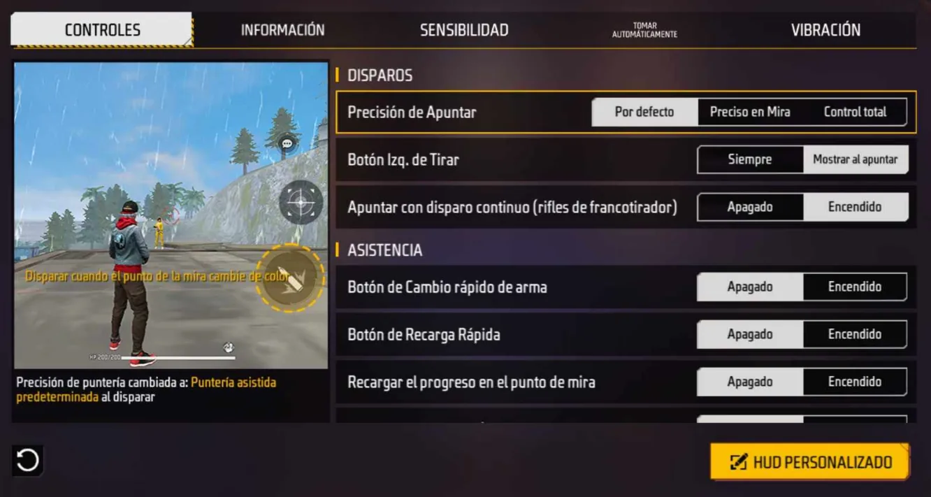 تبويب التحكم وتبويب الحساسية بالإسبانية في إعدادات Free Fire الرسمية لتحديد أفضل حساسية فري فاير