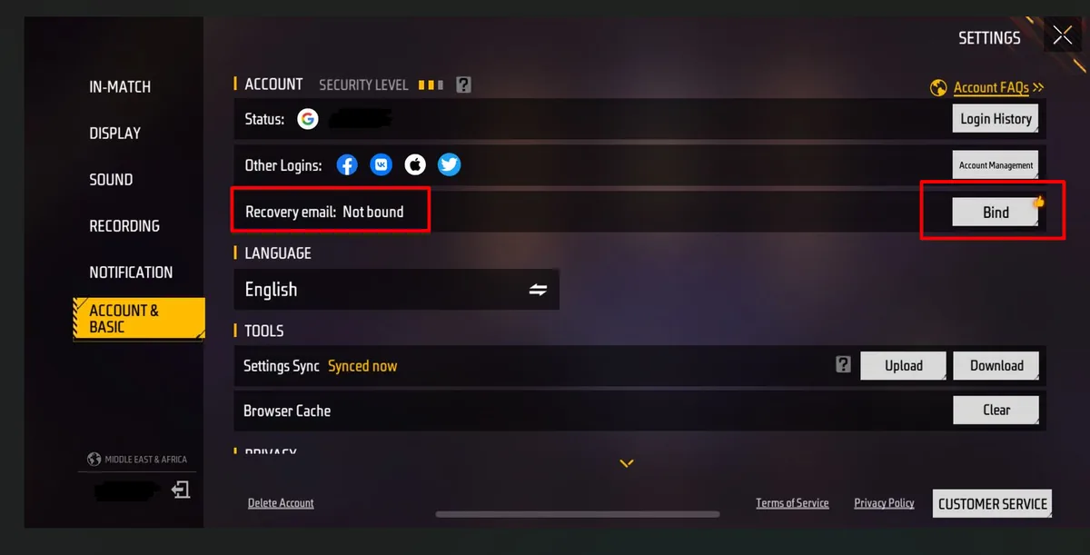 موضع Recovery email وزر Bind في إعدادات Free Fire لربط بريد يساعد على استرجاع حساب فري فاير