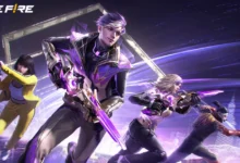 رسم رسمي من Free Fire لشخصيات تحمل أسلحة مضيئة باللون البنفسجي لدليل استرجاع حساب فري فاير
