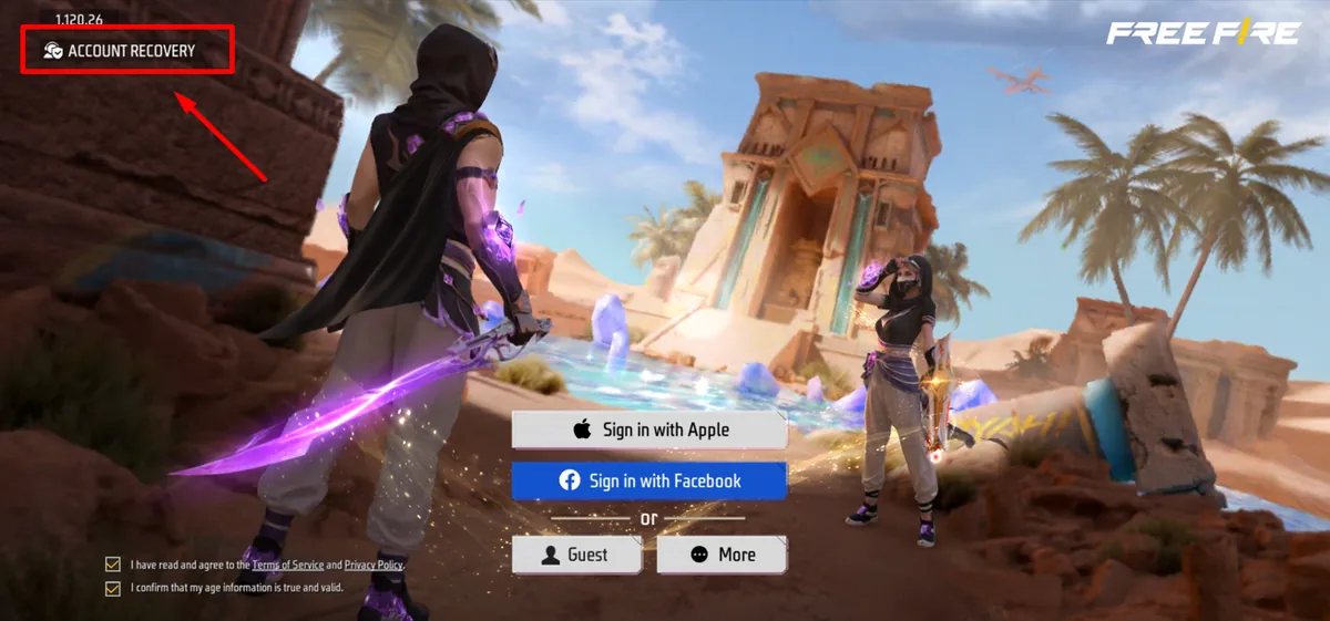 زر Account Recovery أعلى يسار شاشة الدخول في شرح Garena الرسمي لاسترجاع حساب فري فاير