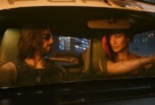 لقطة رسمية من Cyberpunk 2077 لشخصيتين داخل سيارة