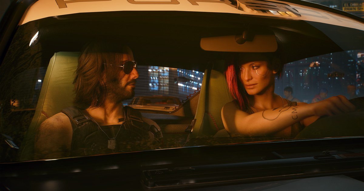 لقطة رسمية من Cyberpunk 2077 لشخصيتين داخل سيارة