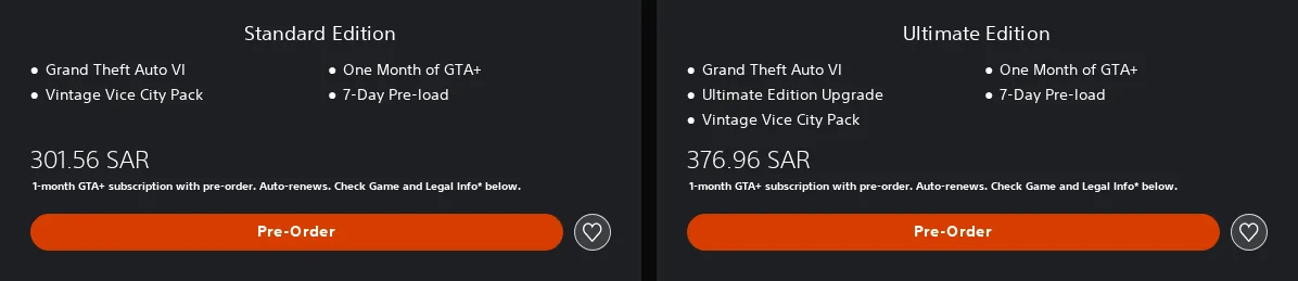 سعر GTA 6 على متجر PlayStation السعودي: Standard بسعر 301.56 SAR وUltimate بسعر 376.96 SAR