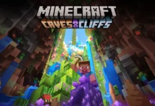 عمل فني من Minecraft لشخصية تحمل فأس تعدين داخل كهف تحيط به الشلالات والبلورات