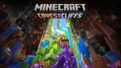عمل فني من Minecraft لشخصية تحمل فأس تعدين داخل كهف تحيط به الشلالات والبلورات