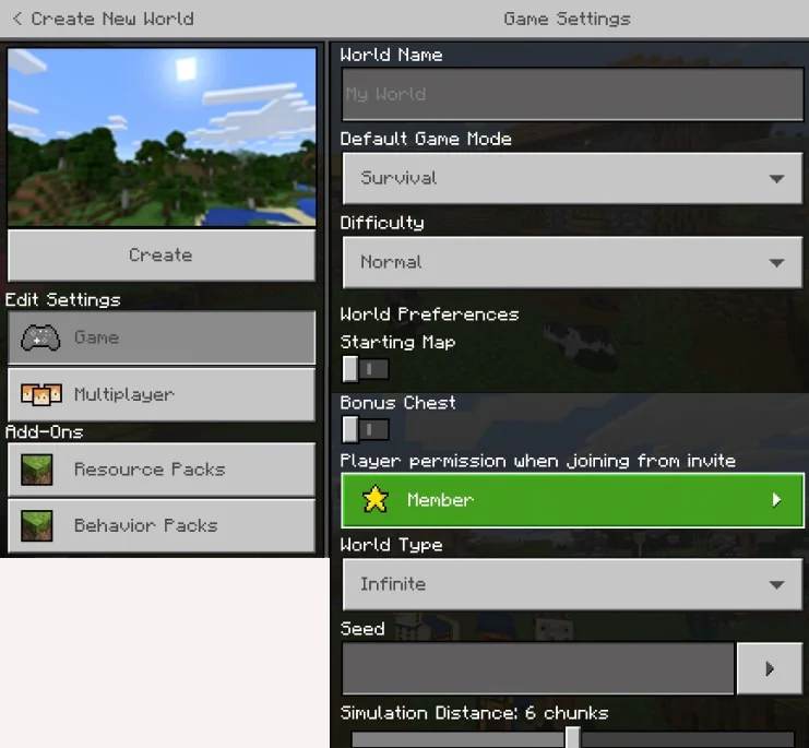 خانة Seed وزر Create في واجهة قديمة لإنشاء عالم جديد في Minecraft Bedrock