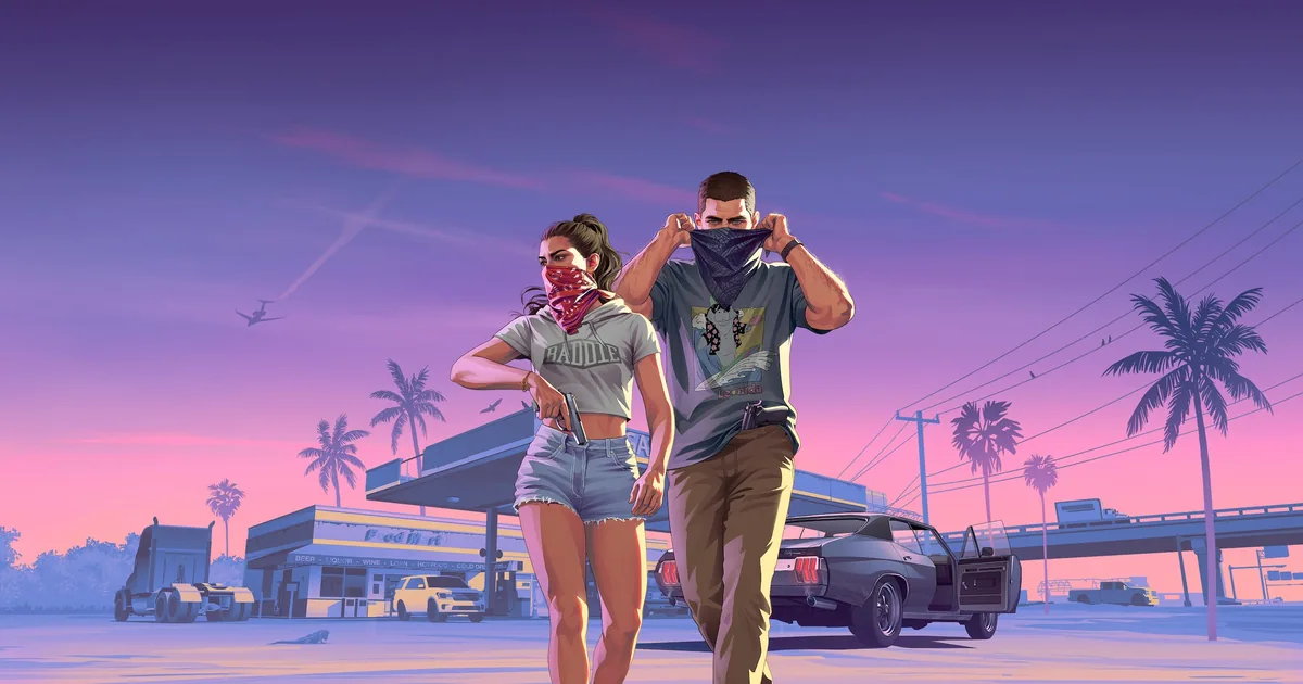 الشخصيتان الرئيسيتان في GTA 6 أمام محطة وقود عند غروب الشمس