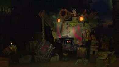 روبوت حجري ضخم من صناعة الغوبلن داخل ورشة مظلمة في لعبة Hytale