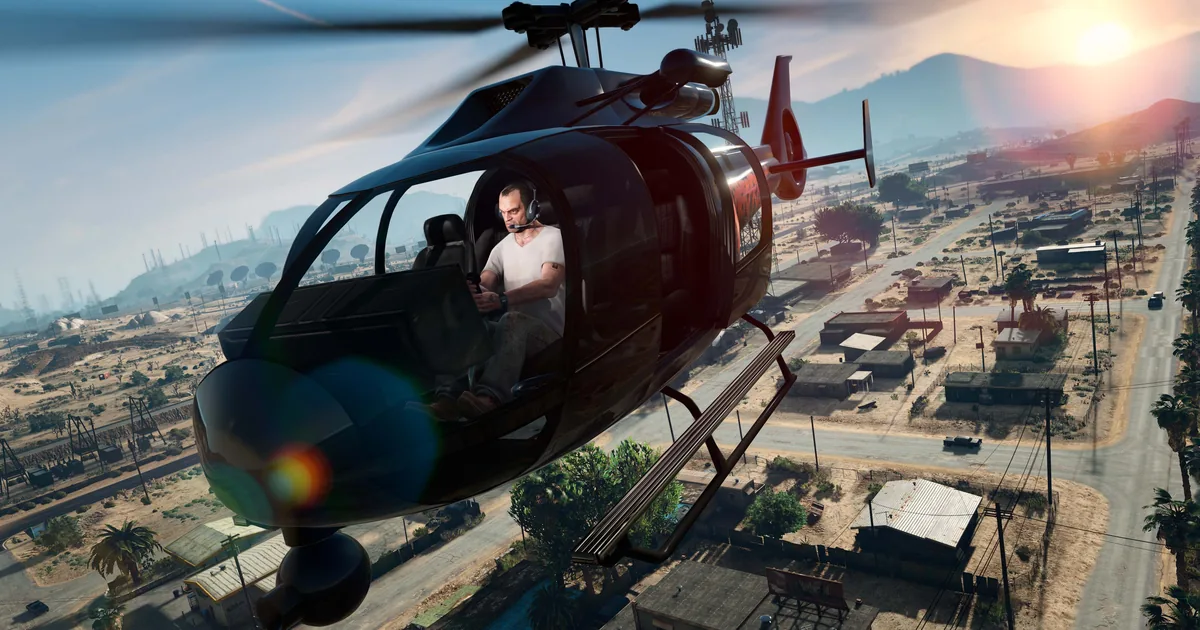 مشهد من GTA V لمروحية تحلّق فوق منطقة صحراوية