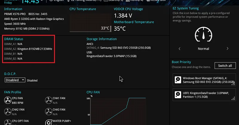 تركيب رام 8 مع 16: مثال BIOS من ASUS يعرض وحدة 8192MB في DIMM_A2