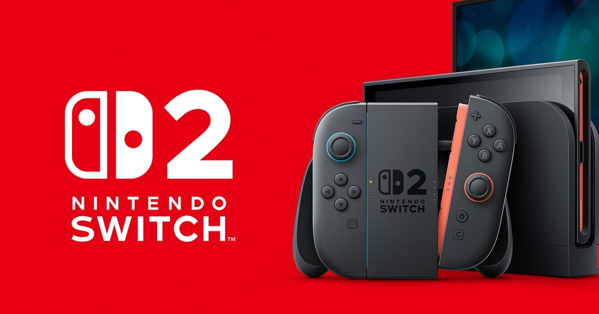 شعار Nintendo Switch 2 مع الجهاز والحاضنة على خلفية حمراء