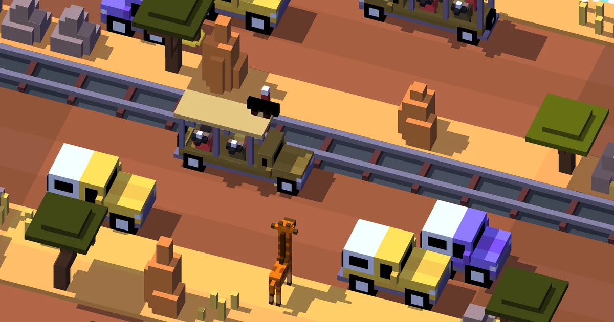 زرافة فوكسل تعبر طريقًا مزدحمًا بالسيارات وسكة حديد في لعبة Crossy Road