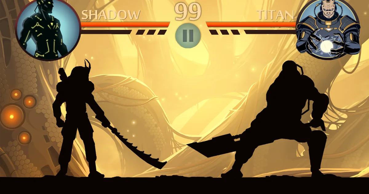 مبارزة بين المقاتل Shadow والزعيم Titan على أرضية ذهبية في لعبة Shadow Fight 2