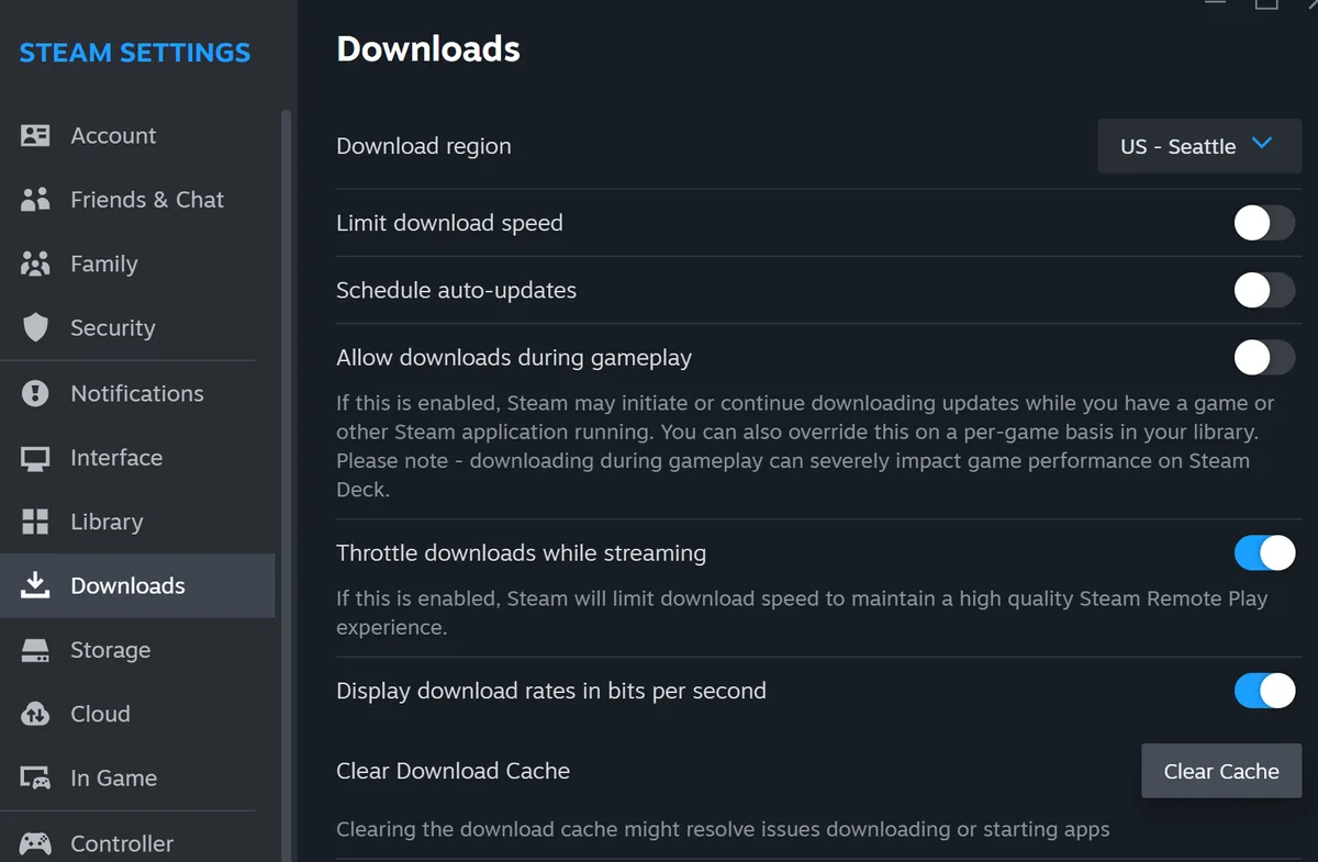 إعدادات Downloads وزر Clear Cache الرسمي لحل مشكلة تحميل ستيم