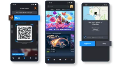 ثلاث شاشات من تطبيق Steam Mobile تعرض رمز Steam Guard وطلب موافقة على تسجيل دخول جديد