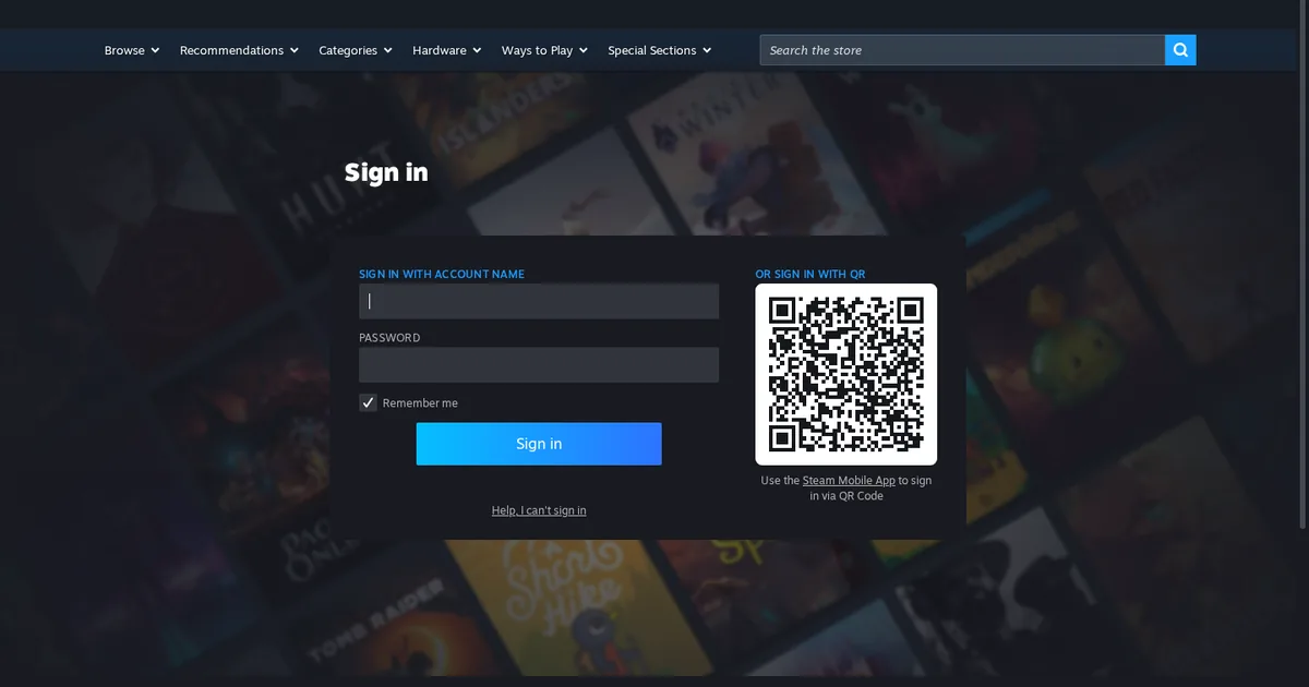 صفحة تسجيل الدخول إلى Steam مع خيار الدخول برمز QR من تطبيق Steam Mobile